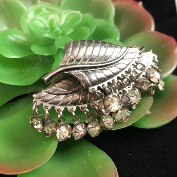 Silver Feather Clip On Earrings with Rhinestones - Picture 5 of 8